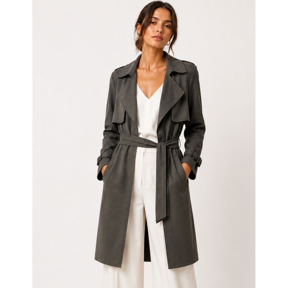 Love for Humanity Belted Trench Coat Women L Gray Faux Suede Couture Black Label